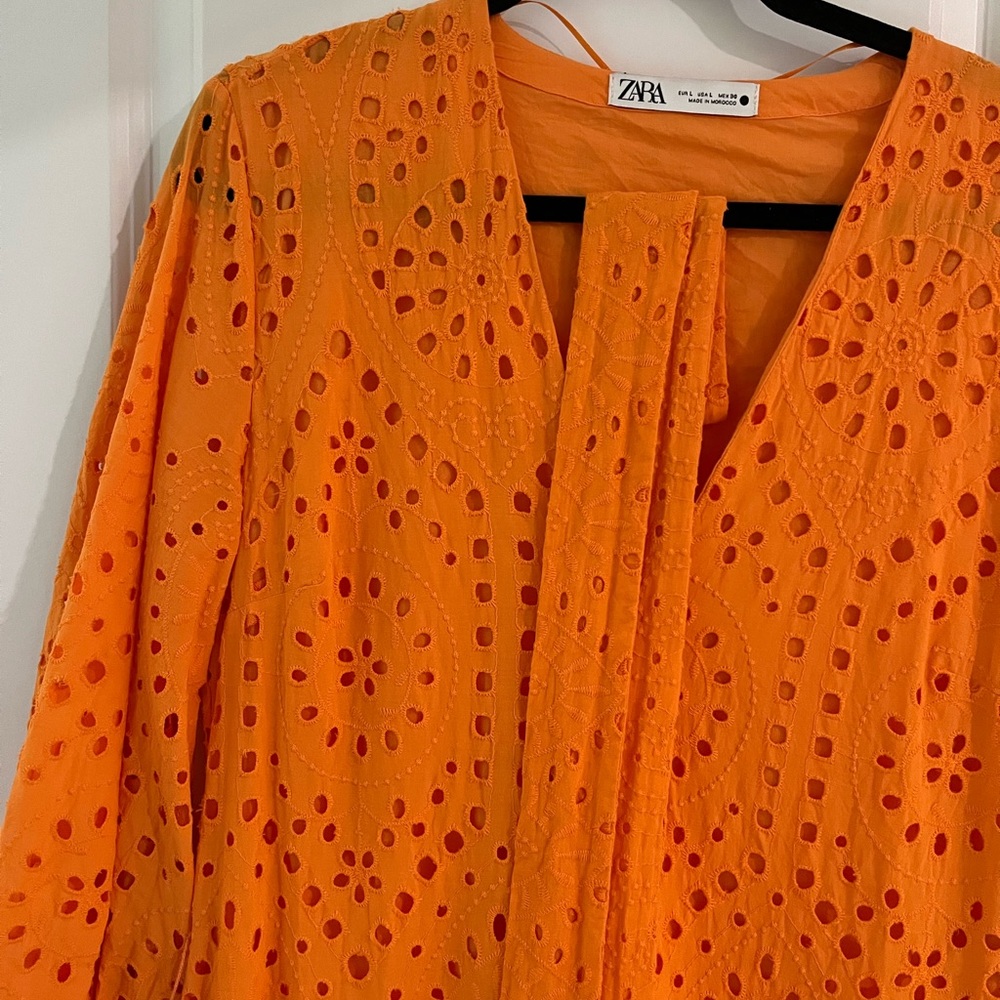 Zara Vibrant Orange Long Sleeve Eyelet Dress - Picture 3 of 6